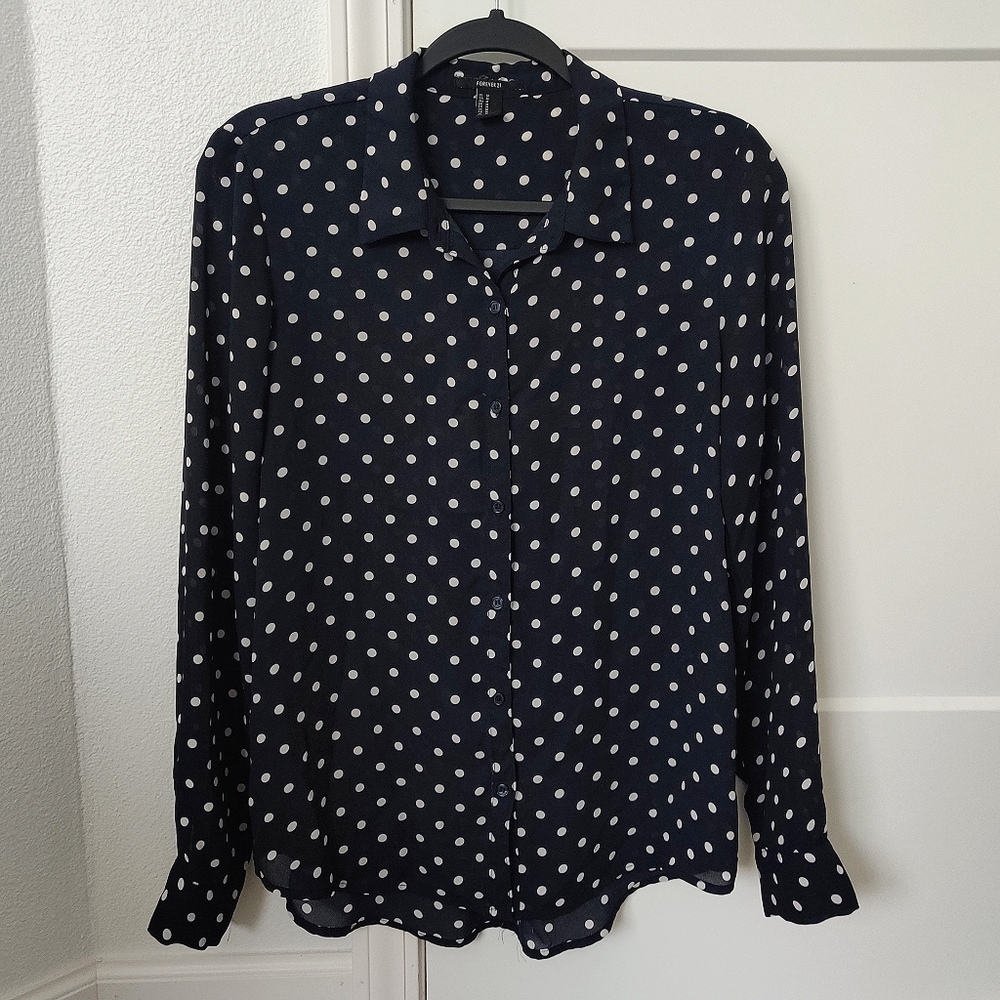 Forever 21 Navy Polka Dot Button Down Top